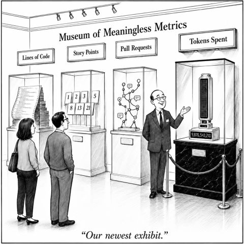 Cartoon titled "Museum of Meaningless Metrics" showing museum exhibits for Lines of Code, Story Points, and Pull Requests, with a newest exhibit labeled "Tokens Spent" displaying a counter at 9,876,543,210. A docent gestures at it and says "Our newest exhibit."